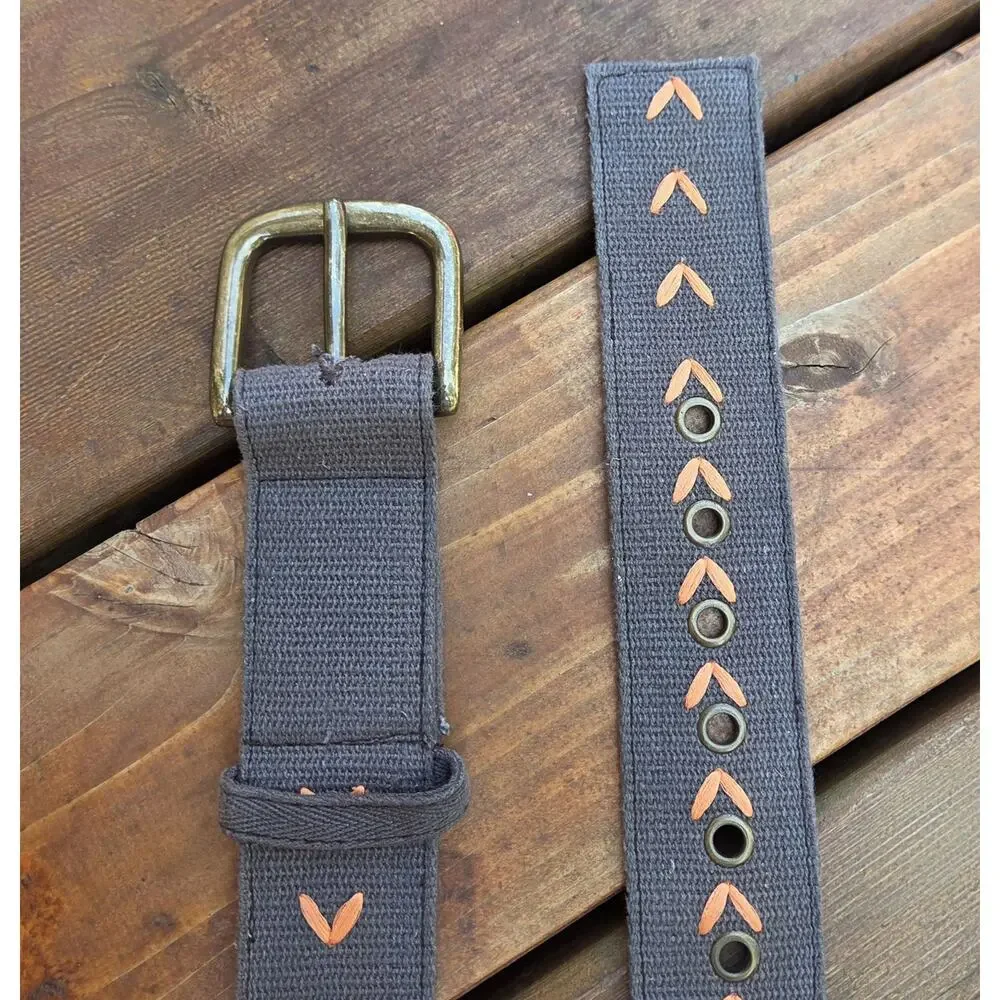 Anthropologie Style Cotton Web Belt XS S Gray Coral Embroidered Chevron Brass